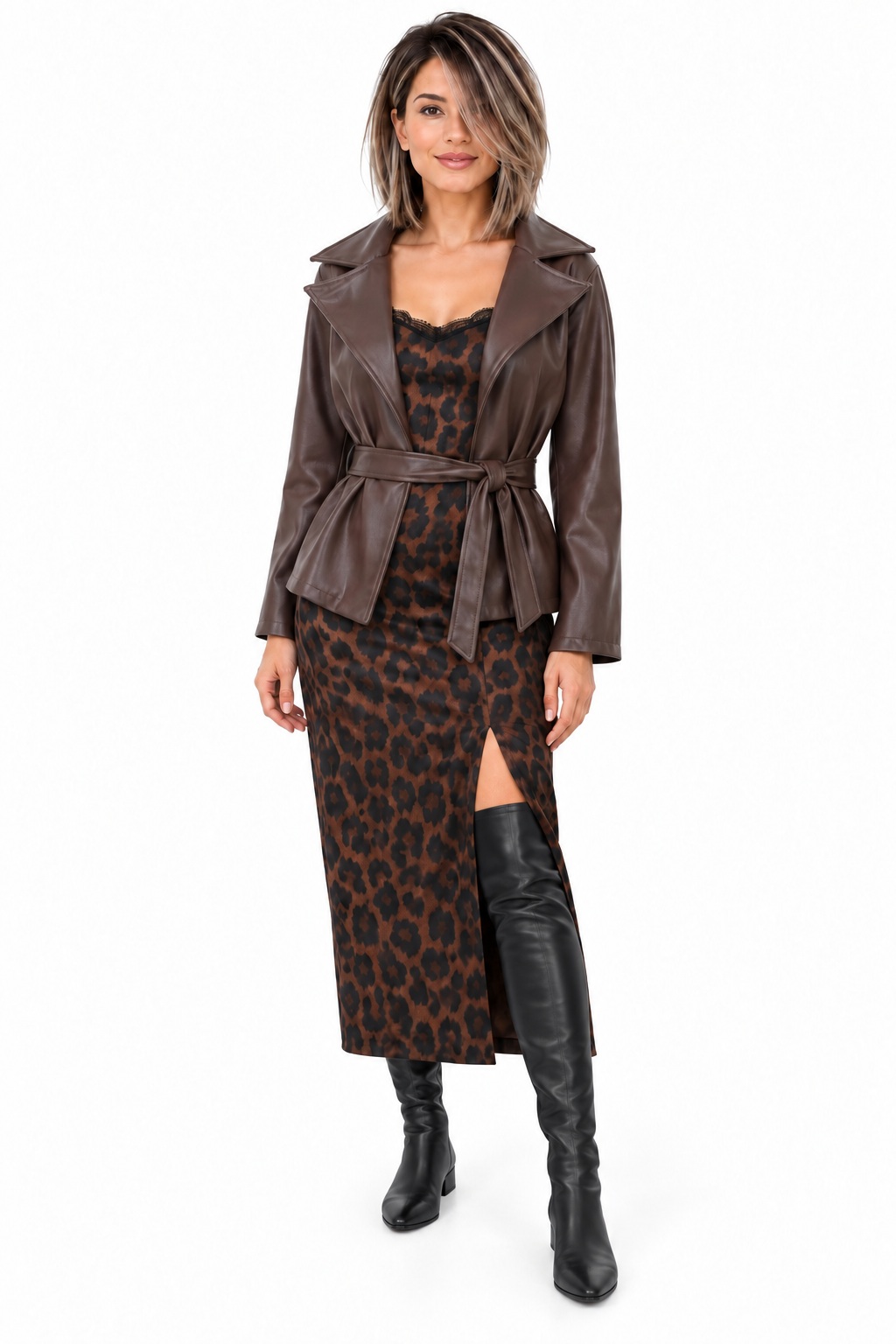 FAUX LEATHER BELTED JACKET 