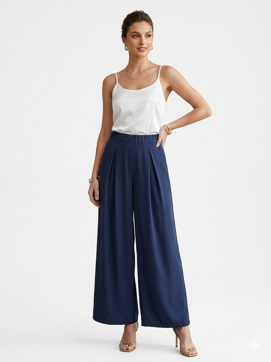 Midnight Blue Pleated Palazzo παντελόνα 