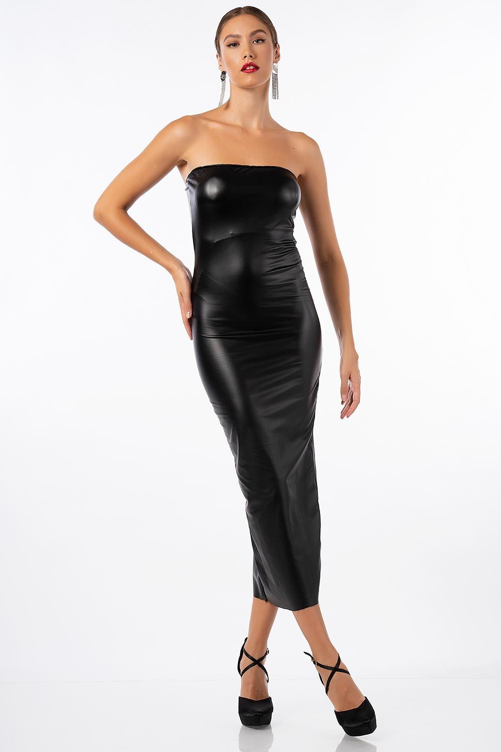 Μαύρο φόρεμα δερματίνη strapless