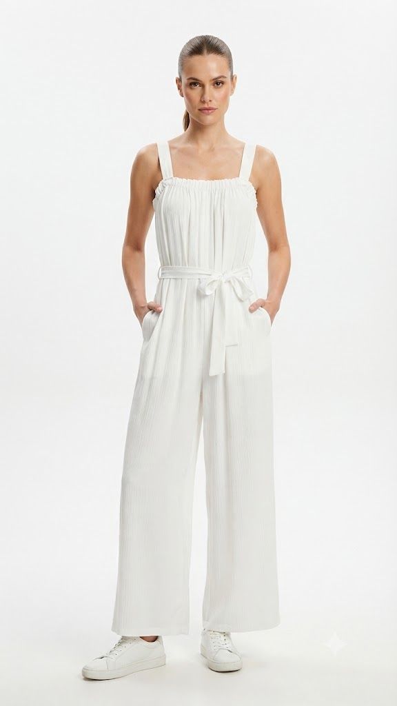 Crinkle-Textured Wide-Leg Jumpsuit with Tie-Waist Φωτογραφία από Crinkle-Textured Wide-Leg Jumpsuit with Tie-Waist