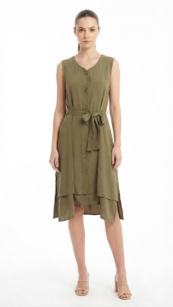 Sleeveless Utility Midi Dress with Tiered Hem Φωτογραφία από Sleeveless Utility Midi Dress with Tiered Hem